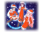  ankle_boots blush bobblehat boots brown_footwear christmas dress english full_body hat henrietta_de_tristain highres kneeling long_hair long_sleeves looking_at_viewer louise_francoise_le_blanc_de_la_valliere merry_christmas multiple_girls nekomanma_(byougatei) over_shoulder pink_hair red_dress sack santa_costume santa_hat siesta sitting snowing standing text_focus very_long_hair wariza zero_no_tsukaima 