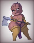 aluron:_return_of_man ambiguous_gender anthro armwear axe bikini boots bottom_heavy bottomwear clothing elbow_gloves eyelashes flat_chested footwear freckles gloves grey_background handwear hi_res holding_axe holding_object holding_weapon joni2000 knee_boots knee_highs kobold legwear loincloth navel purple_bottomwear purple_clothing purple_eyes purple_loincloth scalie shoes simple_background sisi_(aluron) solo swimwear thick_thighs two-piece_swimsuit weapon white_background wide_hips yellow_bikini yellow_boots yellow_clothing yellow_footwear yellow_gloves yellow_handwear yellow_swimwear