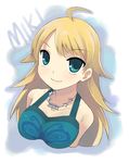  blonde_hair blue_background breasts cleavage collarbone eyebrows_visible_through_hair green_eyes hoshii_miki idolmaster idolmaster_(classic) idolmaster_1 jewelry large_breasts long_hair looking_at_viewer necklace otoutogimi pearl_necklace simple_background solo 