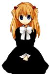  black_dress blue_eyes bow bowtie cowboy_shot dress long_hair long_sleeves looking_at_viewer neon_genesis_evangelion orange_hair own_hands_together shinonome simple_background solo souryuu_asuka_langley v_arms white_background white_bow white_neckwear 