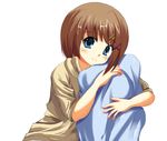  blue_eyes hair_ornament looking_at_viewer lyrical_nanoha mahou_shoujo_lyrical_nanoha_strikers odayan pajamas pillow pillow_hug smile solo x_hair_ornament yagami_hayate 