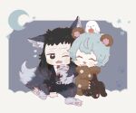  1boy 1girl angela_(project_moon) animal_ears bear_ears black_hair black_jacket blue_hair closed_eyes crimson_scar_(e.g.o) e.g.o_(project_moon) fang jacket kirayumedream lapels library_of_ruina multicolored_hair notched_lapels one_eye_closed open_mouth project_moon punishing_bird roland_(project_moon) short_hair smile streaked_hair tail the_forgotten_(e.g.o) wolf_ears wolf_tail 