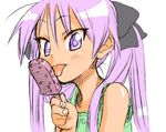  bare_shoulders food hiiragi_kagami licking long_hair lowres lucky_star mikami_komata popsicle purple_eyes purple_hair smile solo tongue tsurime twintails upper_body 