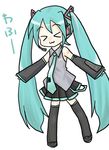  &gt;_&lt; :3 aqua_hair closed_eyes detached_sleeves hatsune_miku long_hair necktie sakuramori_sumomo skirt solo thighhighs twintails vocaloid x3 zettai_ryouiki 