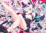  1girl absurdres animal_ears arm_up azur_lane bare_shoulders black_footwear black_hairband black_jacket black_skirt breast_curtains breasts chibi closed_mouth commentary_request eyeshadow hairband hakazenanato high-waist_skirt highres holding holding_sword holding_weapon jacket katana knee_up leg_up long_hair looking_at_viewer makeup medium_breasts multiple_views off_shoulder official_art one_eye_closed open_clothes open_jacket open_mouth rabbit_ears rabbit_girl red_eyeshadow rudder_footwear second-party_source shimakaze_(azur_lane) shimakaze_(the_island_wind_rests)_(azur_lane) shimakaze_(the_white_rabbit_of_wonderland)_(azur_lane) shimakaze_(world's_speediest_bunny_waitress)_(azur_lane) skirt sword thighs underboob weapon yellow_eyes 