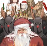  2girls 4boys 6+others :3 alternate_costume anger_vein antlers beard black_knight_(dark_souls) breasts brown_hair christmas christmas_tree_hat closed_eyes closed_mouth commentary cosplay crown dark_souls_(series) dark_souls_i dark_sun_gwyndolin deer_antlers dokomon dragon_slayer_ornstein executioner_smough facial_hair fake_antlers father_and_daughter father_and_son fur-trimmed_headwear fur_trim grey_hair gwyn_lord_of_sunlight hat head_out_of_frame helmet highres horns knight large_breasts long_hair multiple_boys multiple_girls multiple_others mustache old old_man pom_pom_(clothes) priscilla_the_crossbreed queen_of_sunlight_gwynevere red_hat red_nose rudolph_the_red_nosed_reindeer rudolph_the_red_nosed_reindeer_(cosplay) santa_costume santa_hat simple_background smile upper_body white_background 