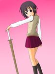  bamboo_blade bob_cut kawazoe_tamaki purple_eyes purple_hair school_uniform shinai short_hair solo sword weapon 