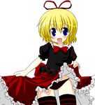  blonde_hair blue_eyes bow fang frills gathers hair_ribbon kazami_ruku medicine_melancholy no_nose open_mouth panties plaid plaid_panties ribbon short_hair simple_background skirt skirt_lift smile solo striped striped_legwear thighhighs touhou underwear 