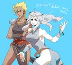  beads blonde_hair bracelet breasts circlet dark_skin earrings genderswap genderswap_(mtf) hokuto_no_ken jewelry large_breasts m.u.g.e.n midnight_bliss multiple_girls necklace pauldrons raou_(hokuto_no_ken) s-hirou shirt silver_hair taut_clothes taut_shirt thighhighs toki_(hokuto_no_ken) twisted_torso 