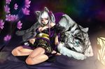  animal_ears bad_id bad_pixiv_id barefoot blue_eyes breasts cat_ears cleavage feet flower hair_flower hair_ornament japanese_clothes kim000 kimono kiseru large_breasts off_shoulder original personification pipe short_kimono silver_hair solo tiger toeless_legwear white_tiger 