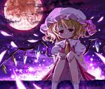  blonde_hair bloomers colored_eyelashes eyelashes flandre_scarlet full_moon glowing hands hands_on_own_knees hat kasutaso moon night purple red_eyes short_hair sitting smile solo touhou underwear upskirt wings 