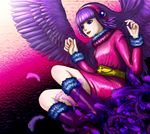  belt blue_eyes boots dice_(kameian) feathers megami_tensei mou_shobou purple_hair solo wings 