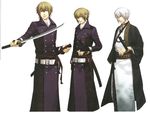  amber_eyes blonde_hair chikage_kazama game gold_eyes hakuouki hakuouki_shinsengumi_kitan horns japanese_clothes katana male red_eyes short_hair sword weapon white_hair yukata 