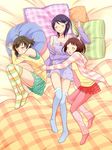  2girls akizuki_ryou animal_ears bed blue_legwear braid cat_ears clothes_grab frilled_pillow frilled_skirt frills grabbing hidaka_ai idolmaster idolmaster_dearly_stars leg_warmers lying minzou mizutani_eri multicolored multicolored_clothes multicolored_legwear multiple_girls on_back on_side otoko_no_ko pantyhose pillow pink_legwear skirt sleeping striped striped_legwear thighhighs zettai_ryouiki 