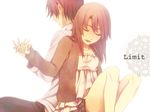  1girl back-to-back bad_id bad_pixiv_id brown_hair cardigan closed_eyes copyright_request couple hetero holding_hands macco shorts sitting 