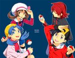  2girls alternate_costume backwards_hat bad_deviantart_id bad_id bike_shorts black_hair blue_eyes blue_hair brown_eyes brown_hair cabbie_hat crystal_(pokemon) english gold_(pokemon) hat hat_tip holding holding_poke_ball hood hoodie jacket kotone_(pokemon) looking_up multiple_boys multiple_girls obo open_mouth overalls poke_ball pokemon pokemon_(game) pokemon_gsc pokemon_hgss red_eyes red_hair romaji silver_(pokemon) silver_eyes simple_background smile thighhighs turtleneck twintails white_legwear 