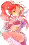  bad_id bad_pixiv_id bikini_top face gun hair_ornament highres long_hair makino_(sinobusan) ponytail red_hair scarf shorts smile solo striped striped_scarf tengen_toppa_gurren_lagann thighhighs weapon yellow_eyes yoko_littner zipper 