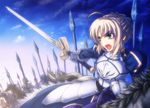  ahoge armor armored_dress army artoria_pendragon_(all) blonde_hair breastplate cavalry dress excalibur fate/stay_night fate_(series) faulds gauntlets glowing glowing_sword glowing_weapon green_eyes horse knight mo-ai polearm saber sky solo sword weapon 