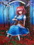  against_tree belt breasts cherry_blossoms cleavage flower gourd hair_bobbles hair_ornament large_breasts md5_mismatch oil_painting_(medium) onozuka_komachi orange_eyes petals red_hair scythe short_hair sitting solo spider_lily tafuto touhou traditional_media tree two_side_up 