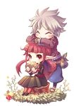  1girl ^_^ bag belt blush bread bug butterfly chibi closed_eyes dungeon_and_fighter eating flower food grey_hair gunner_(dungeon_and_fighter) insect mage_(dungeon_and_fighter) metawin mushroom pantyhose pointy_ears red_eyes red_hair sitting smile tree_stump twintails 