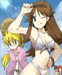  2girls ageha bad_id bad_pixiv_id bikini blood blue_(pokemon) blue_eyes brown_hair green_eyes hat long_hair multiple_boys multiple_girls nosebleed pokemon pokemon_special red_(pokemon) silver_(pokemon) sunglasses swimsuit yellow_(pokemon) 