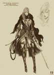  absurdres boots breasts castlevania castlevania_legends cleavage cloak curly_hair daburoku dress gloves highres long_hair medium_breasts monochrome parody ponytail sheath sonia_belmondo standing style_parody sword thigh_boots thighhighs weapon whip 