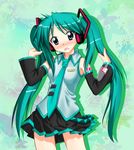  armpits bare_shoulders blue_eyes blush cosplay d: detached_sleeves green_hair hatsune_miku hatsune_miku_(cosplay) headphones headset hiiragi_kagami long_hair lucky_star microphone necktie nervous open_mouth pleated_skirt s.t. skirt solo tsurime twintails vocaloid 