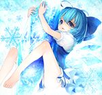  ahoge barefoot blue_eyes blue_hair bow cirno feet hair_bow hands highres hug icicle kasutaso snowflakes solo touhou wings 