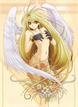  angel blonde_hair breasts copyright_request covering covering_breasts flower gloves green_eyes kaiga long_hair nude small_breasts solo very_long_hair wings 