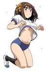  bad_id bad_pixiv_id breasts brown_eyes brown_hair buruma gym_uniform hair_ribbon hairband medium_breasts miyakodori_takayuki no_bra orange_hairband ribbon shoes solo suzumiya_haruhi suzumiya_haruhi_no_yuuutsu underboob uwabaki 