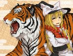  =_= blonde_hair blush bow closed_eyes crossed_arms fangs hair_bow hat kirisame_marisa leaning long_hair open_mouth scarf solo striped striped_scarf teeth tiger tongue touhou witch_hat yomegane 