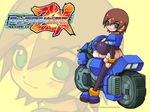  :3 aile bicycle blush brown_hair green_eyes ground_vehicle helmet rockman rockman_zx shorts solo 
