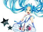  alternate_costume aqua_eyes aqua_hair bad_id bad_pixiv_id detached_sleeves hatsune_miku hatsune_miku_(append) itamidome long_hair navel open_mouth simple_background solo star twintails vocaloid vocaloid_append 