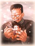  ^_^ android_8 breath can closed_eyes cold dragon_ball dragon_ball_(classic) happy highres holding laughing makumaku male_focus multiple_boys open_mouth runny_nose shared_clothes shared_coat sitting size_difference snow snowing son_gokuu steam stitches vignetting winter_clothes 
