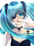  aqua_eyes aqua_hair bad_id bad_pixiv_id bare_shoulders black_dress black_nails bow choker dress eyepatch finger_to_mouth hatsune_miku lace lace_choker lips long_hair looking_at_viewer nail_polish simple_background solo twintails upper_body usui_hinagi vocaloid white_background 