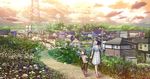  1girl bag brown_eyes brown_hair bubble bubble_blowing building cityscape dress field flower fo~do original path power_lines road scenery town twilight 