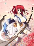  ashermes bad_id bad_pixiv_id breasts cleavage coin hair_bobbles hair_ornament huge_breasts onozuka_komachi red_eyes red_hair scythe short_hair solo touhou two_side_up 