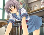  all_fours blush brown_eyes computer desk from_below kita_high_school_uniform nagato_yuki purple_hair school_desk school_uniform serafuku short_hair solo suzumiya_haruhi_no_yuuutsu tanabata tanzaku tatsuyoshi_(t.y.ws) 