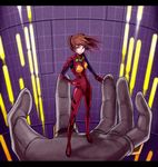  bad_id bad_pixiv_id blue_eyes brown_hair giant_hand hand_on_hip hands hm_(toraoh) in_palm long_hair mecha neon_genesis_evangelion out_of_frame plugsuit pov pov_hands shikinami_asuka_langley smile solo_focus souryuu_asuka_langley 