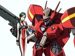  90s artist_request bodysuit choujikuu_yousai_macross earrings green_hair gun gunpod helmet jewelry macross macross_7 mecha meltrandi millia_jenius official_art oldschool pilot_suit production_art rifle science_fiction short_hair simple_background u.n._spacy variable_fighter vf-17 weapon zentradi 