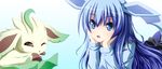  :&lt; akashio_(loli_ace) animal_ears blue_eyes blue_hair gen_4_pokemon glaceon leafeon long_hair lying on_stomach personification pokemon tail 