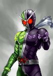  antennae belt glowing glowing_eyes kamen_rider kamen_rider_double kamen_rider_w male_focus nikkari pointing scarf solo 