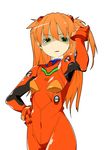  adjusting_hair annoyed armpits bad_id bad_pixiv_id bangs bodysuit bracer breasts covered_navel cowboy_shot eyebrows_visible_through_hair gloves green_eyes hand_on_hip hand_up headgear long_hair looking_at_viewer neon_genesis_evangelion number oguro_(moyashi_2-hon) orange_hair parted_lips pilot_suit plugsuit red_bodysuit shaded_face shikinami_asuka_langley shiny shiny_clothes simple_background small_breasts solo souryuu_asuka_langley straight_hair turtleneck two_side_up white_background 