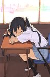  black_hair crossed_arms desk dreaming flower k-on! long_hair mura_(kanojo_no_oukoku) music nakano_azusa school_desk school_uniform sitting sleeping solo twintails window 