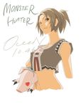  brown_hair capcom hazel_eyes midriff monster_hunter ocean_(moguyobi) pig ponytail yellow_eyes 