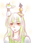  :3 arekkusu bad_id bad_pixiv_id blush caved chikuwa ex-keine food green_hair horn_ribbon horns impaled kamishirasawa_keine kamishirasawa_keine_(hakutaku) konnyaku_(food) long_hair multicolored_hair oden orange_eyes ribbon solo sukusuku_hakutaku tears touhou white_hair 