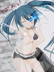  bad_id bad_pixiv_id belt bikini_top black_rock_shooter black_rock_shooter_(character) blue_eyes blue_hair burning_eye colorized flat_chest fourth_wall highres k-asul long_hair looking_at_viewer one_eye_closed scar shorts smile solo twintails 