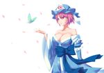  bad_id bad_pixiv_id bare_shoulders bow breasts bug butterfly cleavage hat highres insect japanese_clothes large_breasts paseri_3gou petals pink_eyes pink_hair saigyouji_yuyuko short_hair solo tears touhou 