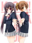  back-to-back background_text black_hair brown_eyes brown_hair english hirasawa_ui k-on! long_hair multiple_girls nakano_azusa neck_ribbon outstretched_arm outstretched_hand ponytail reaching red_eyes red_ribbon ribbon school_uniform short_hair tomosuke twintails 