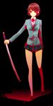  bad_id bad_pixiv_id black_hair blood bob_cut breasts durarara!! glasses haruyou highres katana large_breasts legs pleated_skirt red_eyes school_uniform short_hair skirt solo sonohara_anri sword weapon 